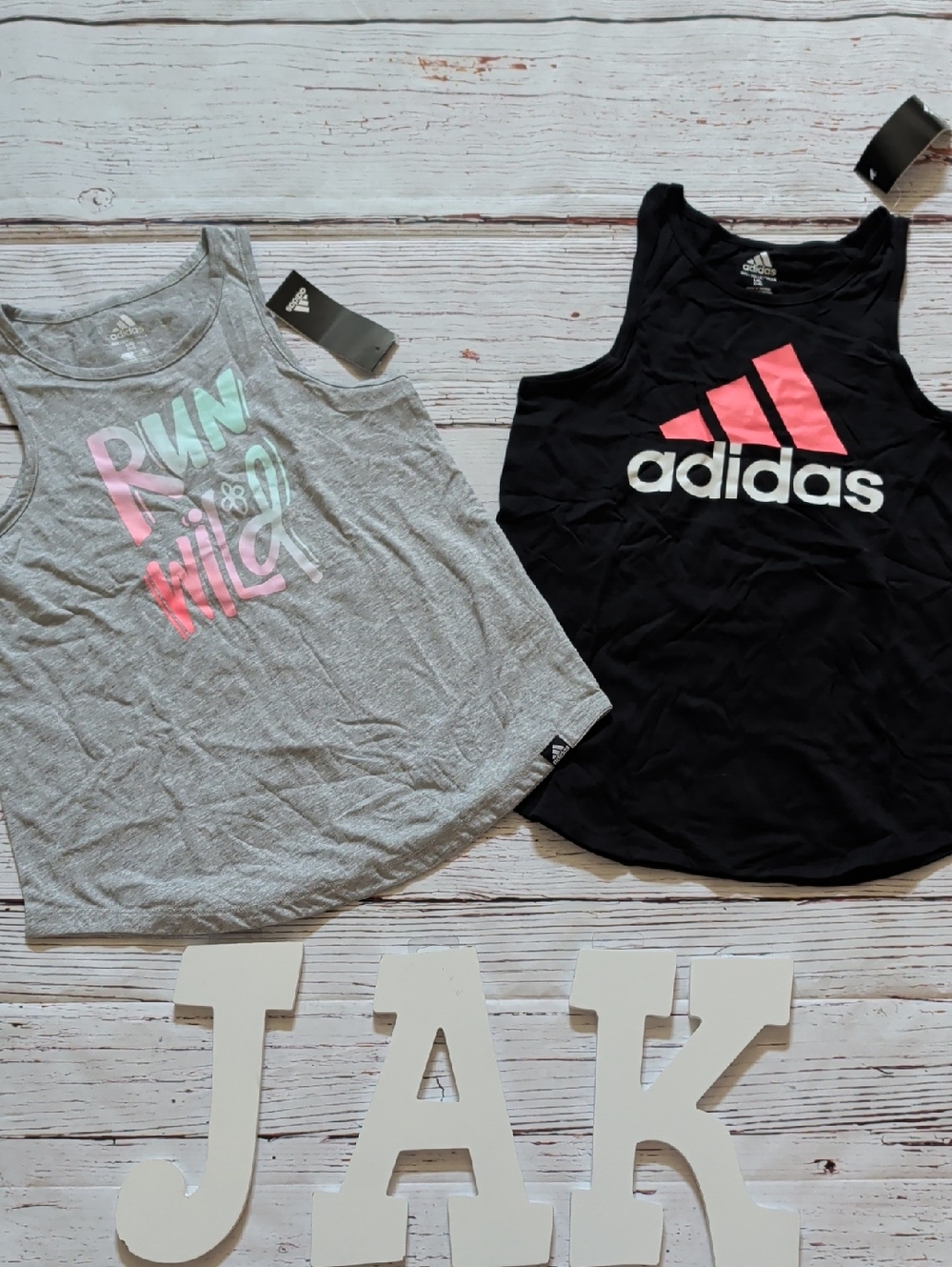 🆕 Adidas Girla Black Tank Top with Pink Logo & Gray 'Run Wild' Graphic Tank